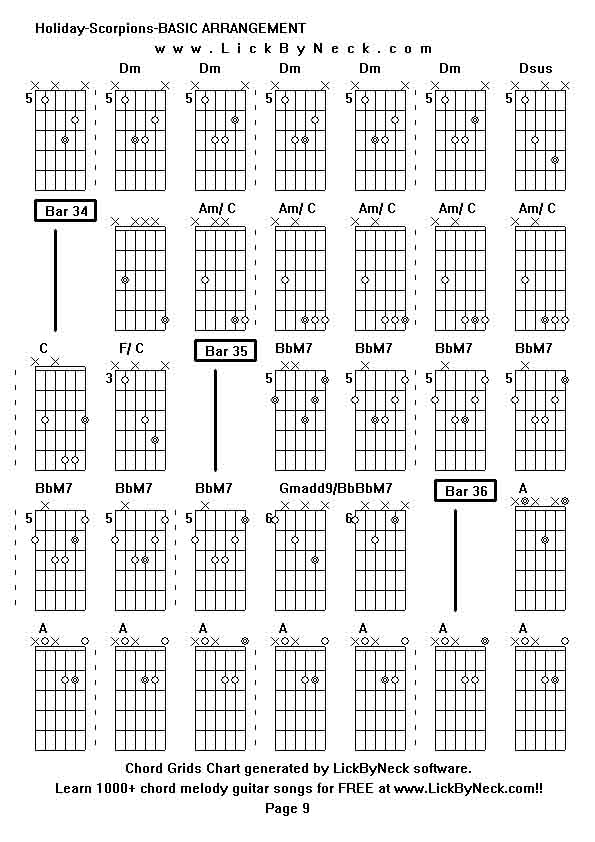 Chord Grids Chart of chord melody fingerstyle guitar song-Holiday-Scorpions-BASIC ARRANGEMENT,generated by LickByNeck software.